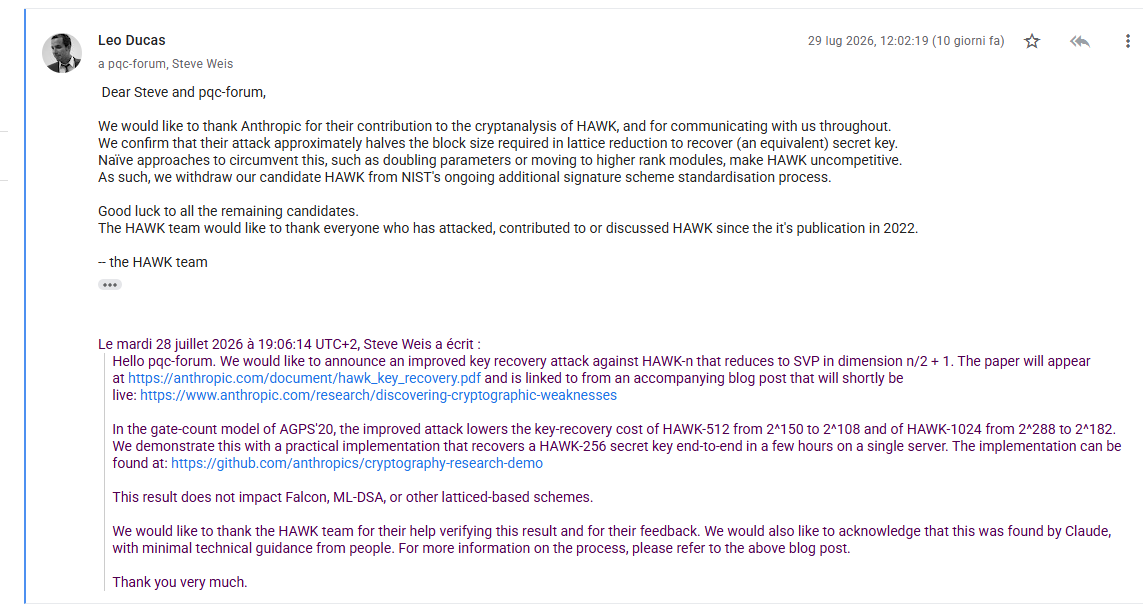 Screenshot of the NIST PQC Forum showing Léo Ducas announcing the withdrawal of HAWK on behalf of the HAWK team and quoting Steve Weis's original announcement of the HAWK key-recovery attack.
